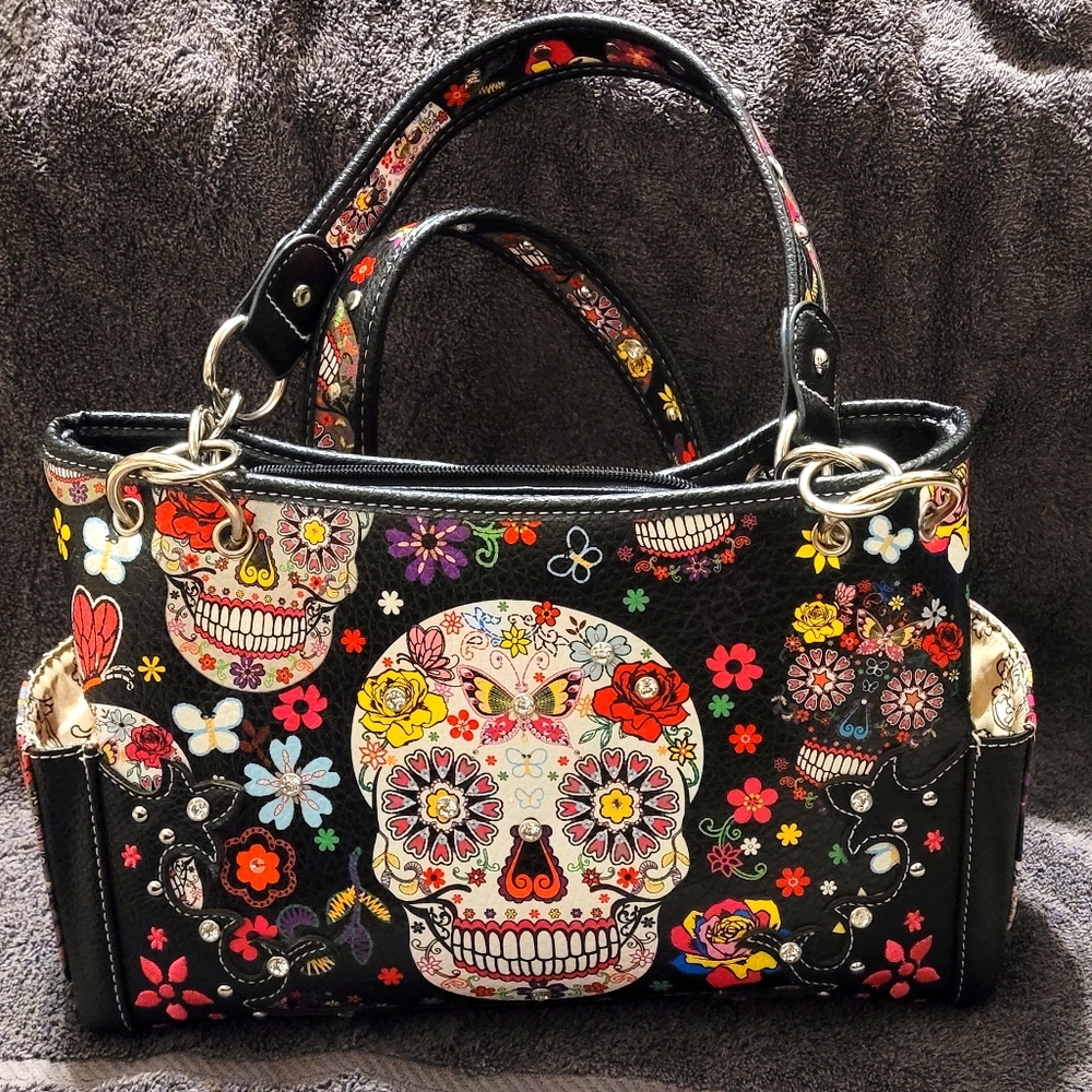  (1) BLACK SUGAR SKULL DAY OF THE DEAD HANDBAG 